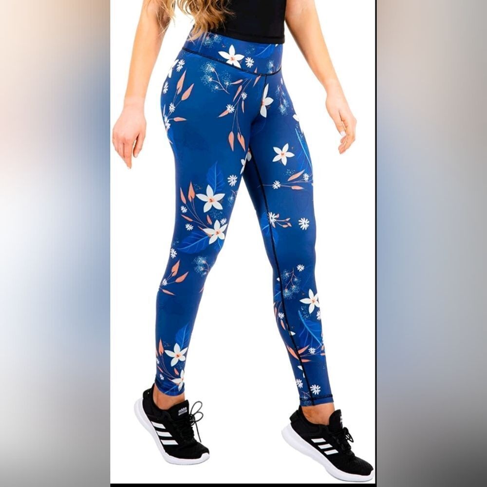 COMPRESSIONZ ,‎ Compression Leggings - Blue Flowers, Size Small